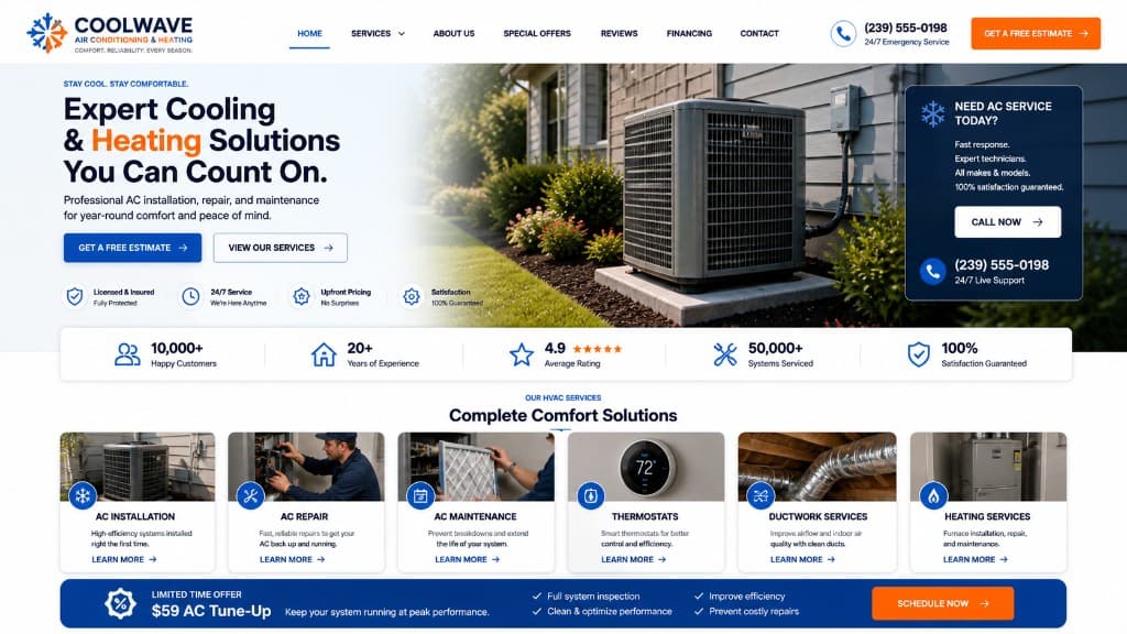 Air conditioning website design example with emergency call to action