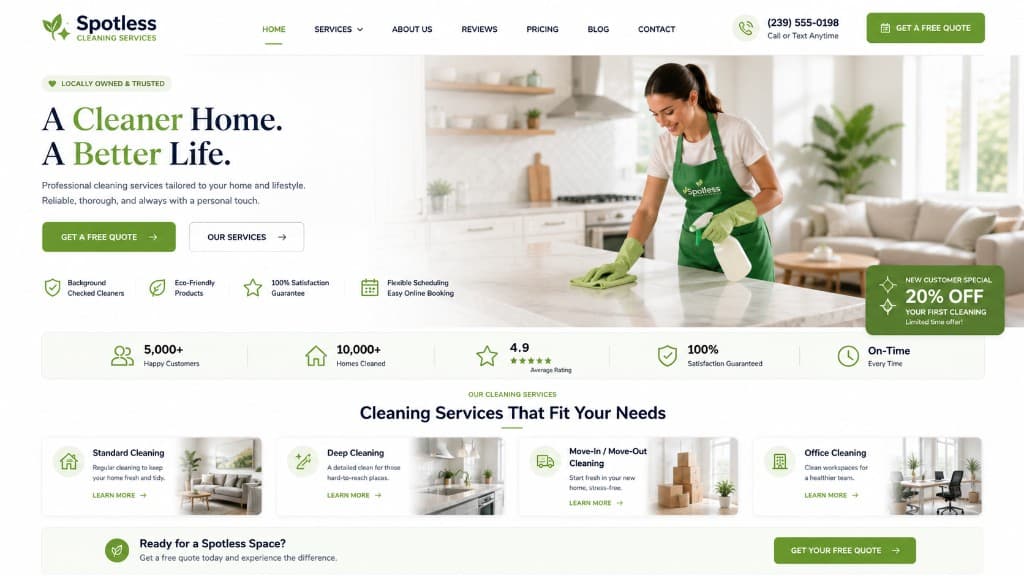 Cleaning service website example with recurring booking and trust blocks