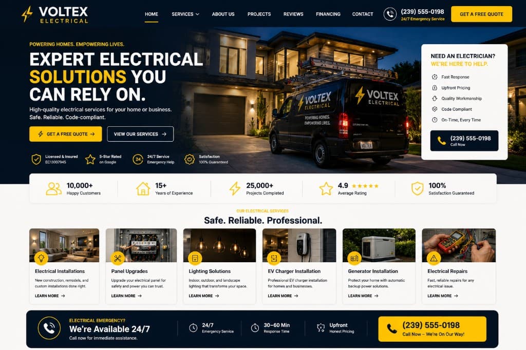 Electrical company website example with premium hero and service modules