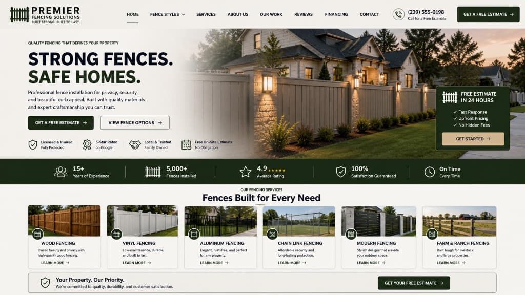 Fence installation company website example with estimate-first conversion flow
