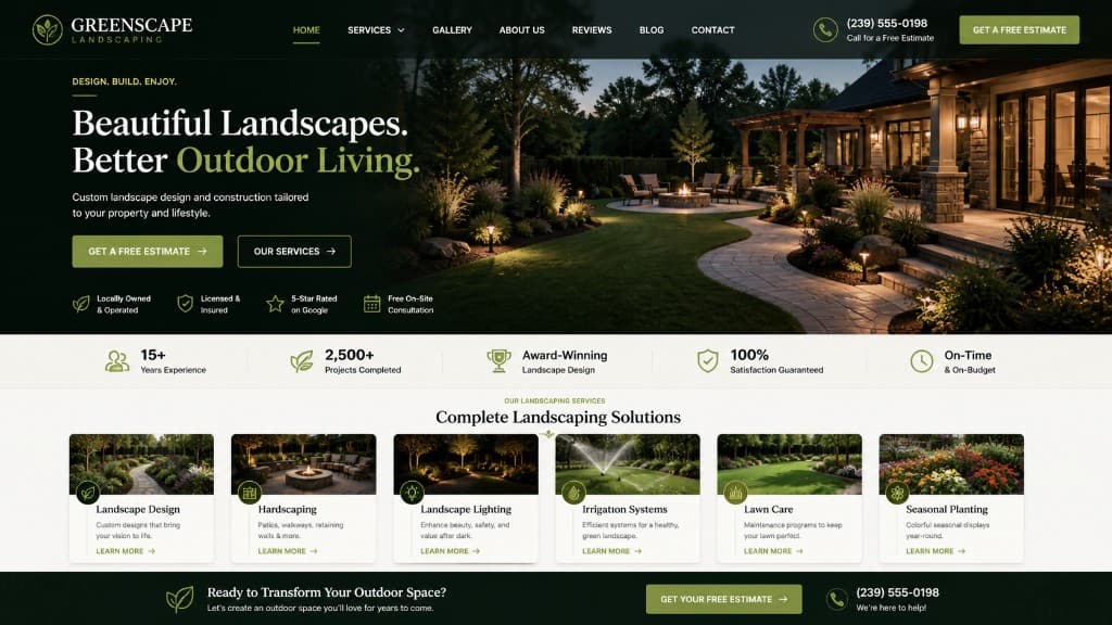 Landscaping company website concept with cinematic imagery and CTA
