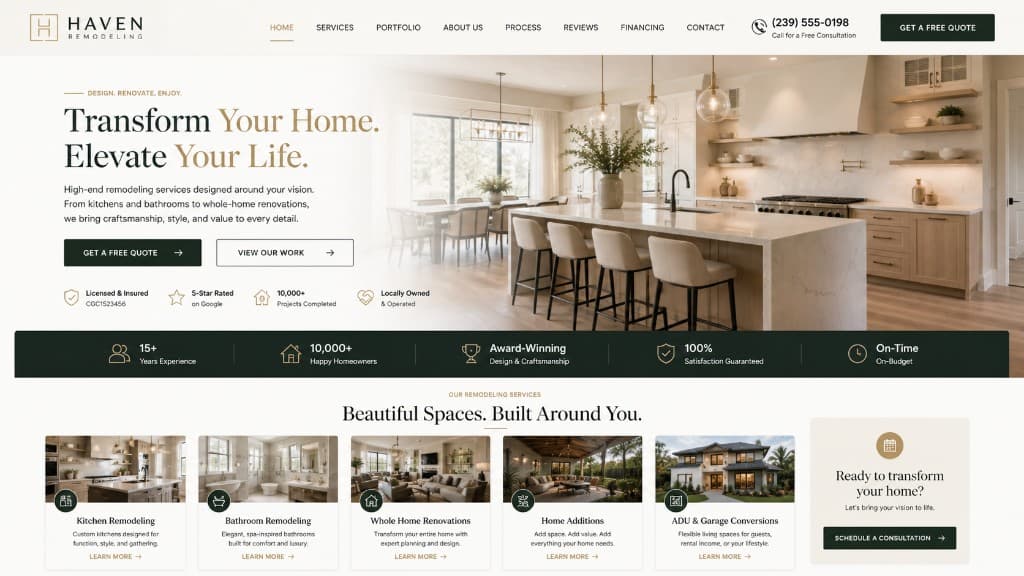 Luxury remodeling website concept with premium visual storytelling and CTA