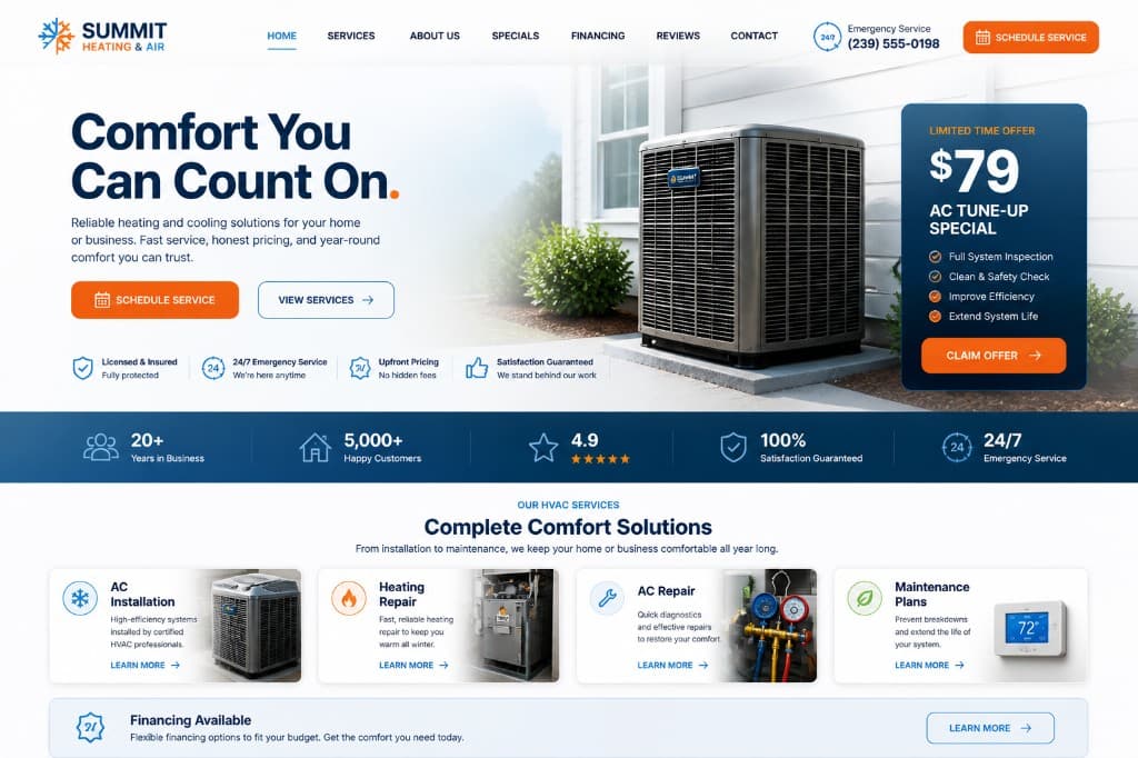 HVAC website concept showing booking CTA, trust indicators, and service layout