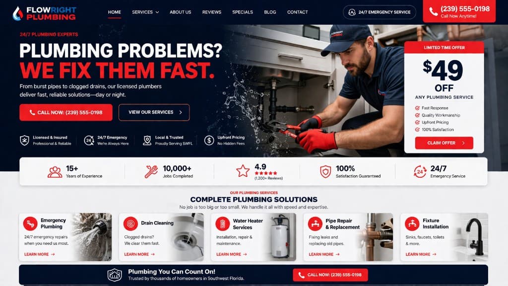 Plumbing emergency landing page example with high-converting CTA design