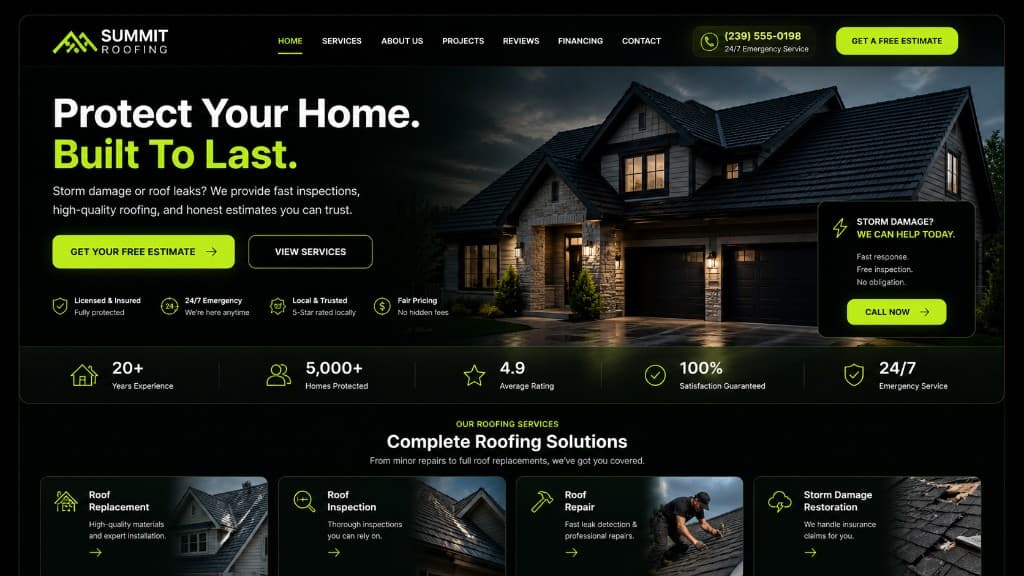 Roofing landing page example with high-intent offer and conversion modules