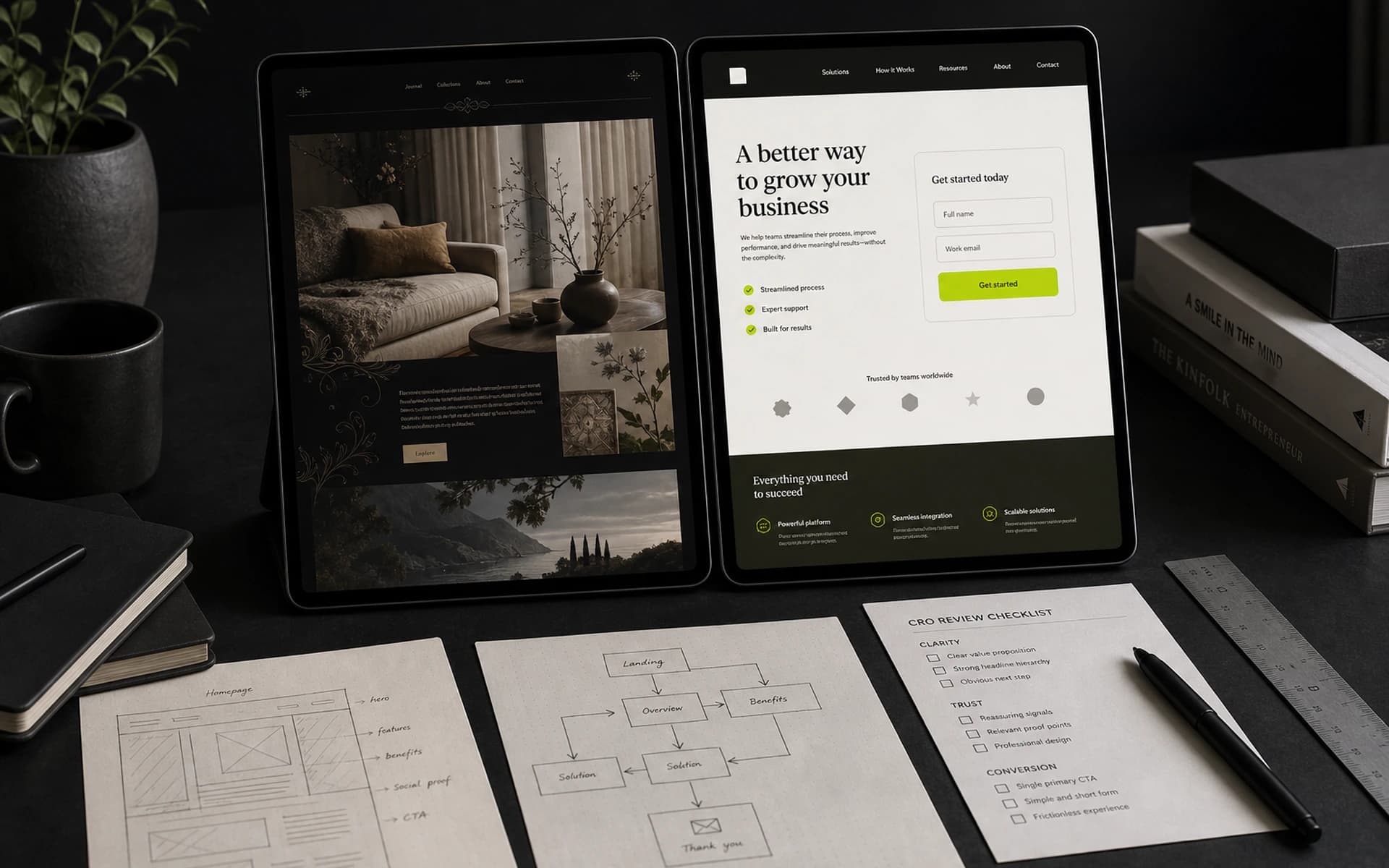 Side-by-side UX review comparing a decorative website layout with a clear conversion-focused landing page