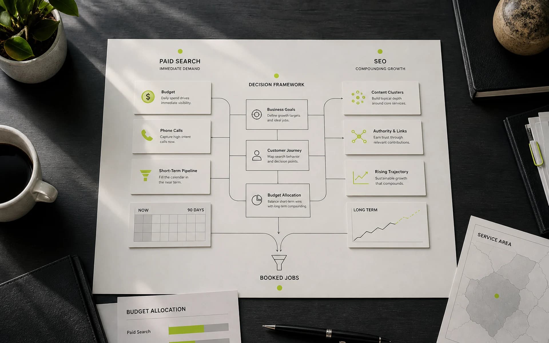 Strategic planning board comparing paid search investment with long-term SEO growth