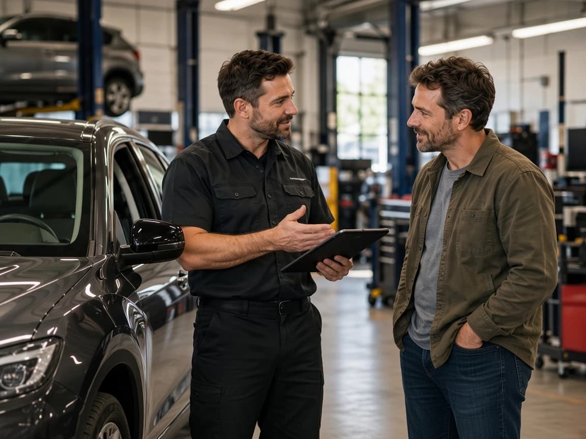 Auto service advisor with a tablet talking with a customer beside a car in a modern shop