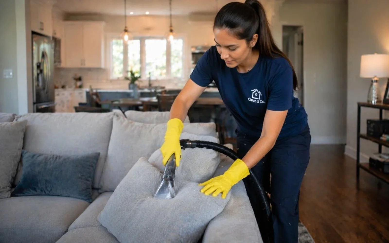 Residential cleaner deep-cleaning a sofa in a modern home during a Meta Ads recurring-plan case study.