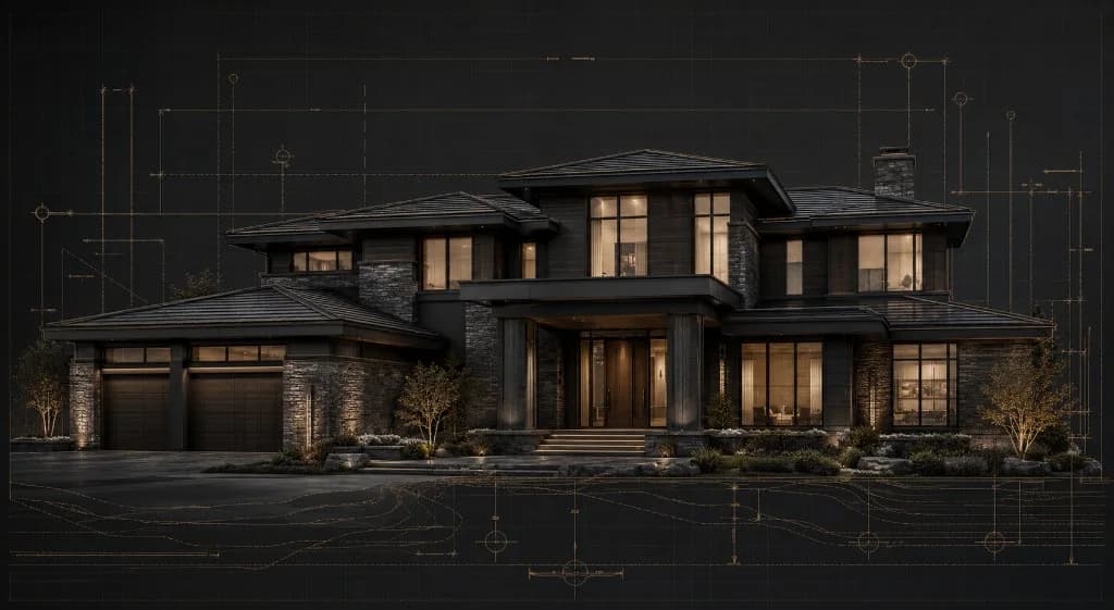 Modern custom home rendering at dusk with bronze blueprint dimension lines over a graphite drafting grid