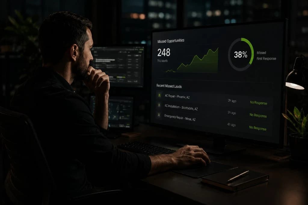 Dispatcher reviewing monitors in a dark operations office at night