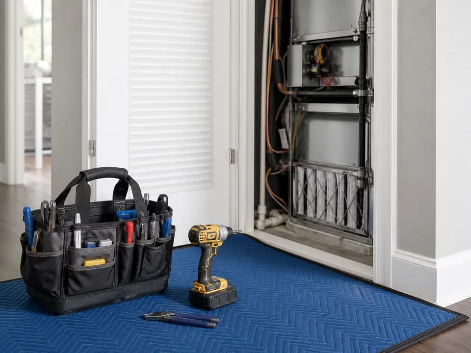 Organized HVAC tools beside a protected residential work area