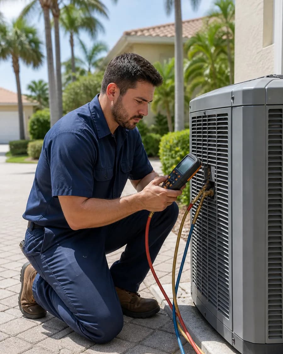 HVAC specialist reviewing an outdoor cooling system