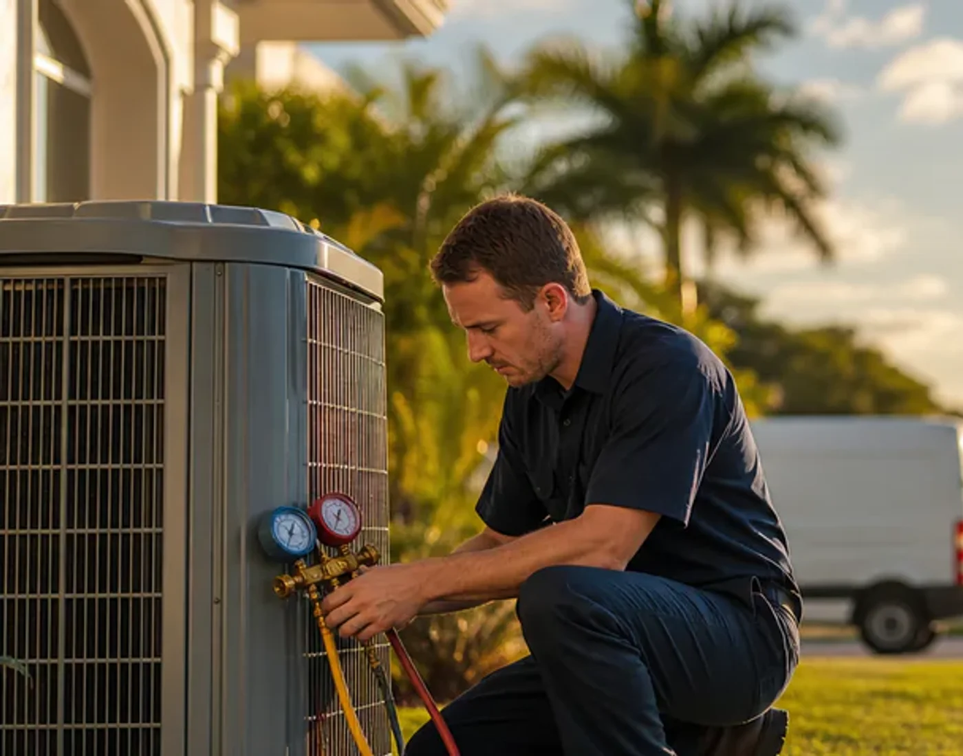 HVAC technician kneeling beside a residential outdoor AC unit during service