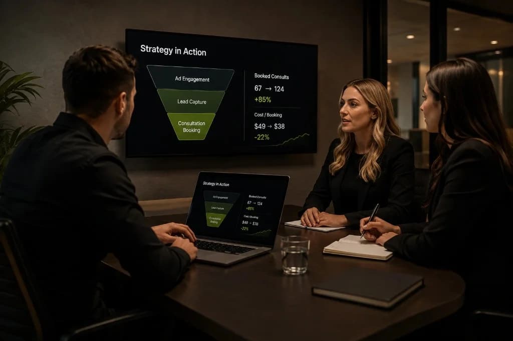 Marketing team reviewing consultation funnel and campaign performance during a strategy meeting.
