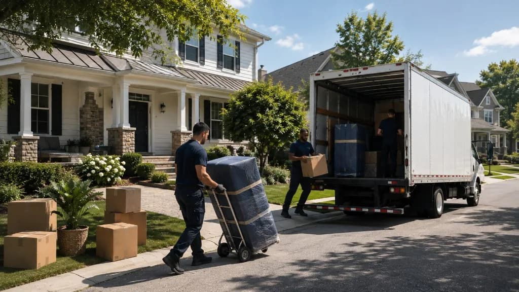 Professional movers loading a residential moving truck outside a suburban home