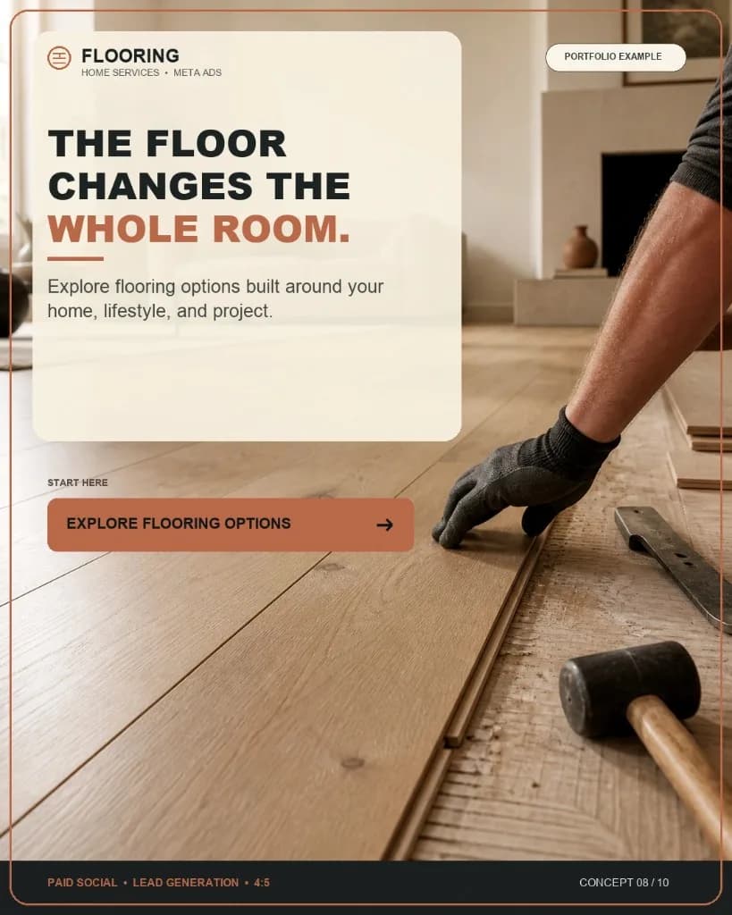 Flooring Meta Ads creative concept showing wood-plank installation and room transformation