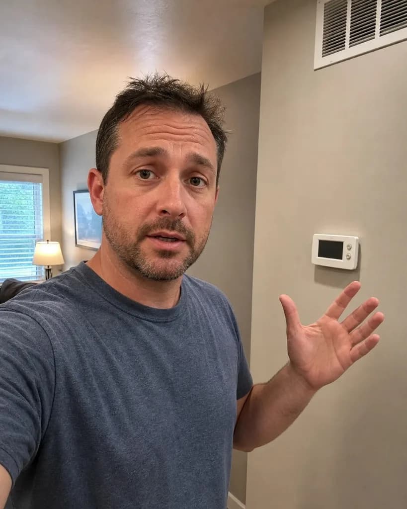 UGC-style HVAC creative concept showing a homeowner speaking beside a thermostat