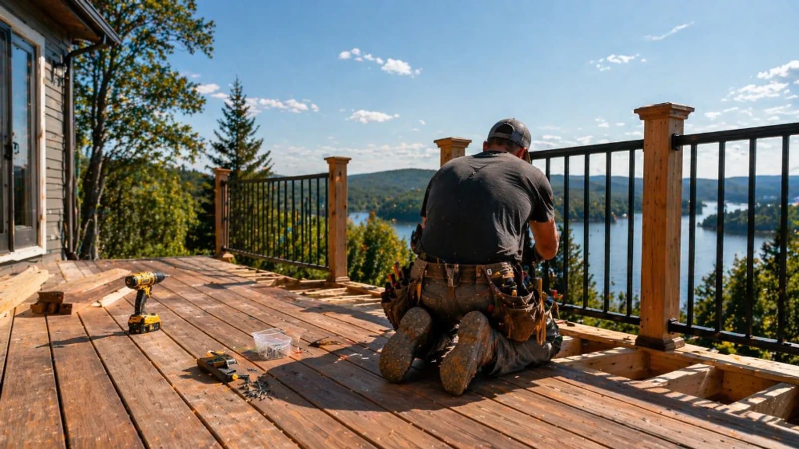 Deck installation marketing visuals and conversion metrics dashboard for local service growth.