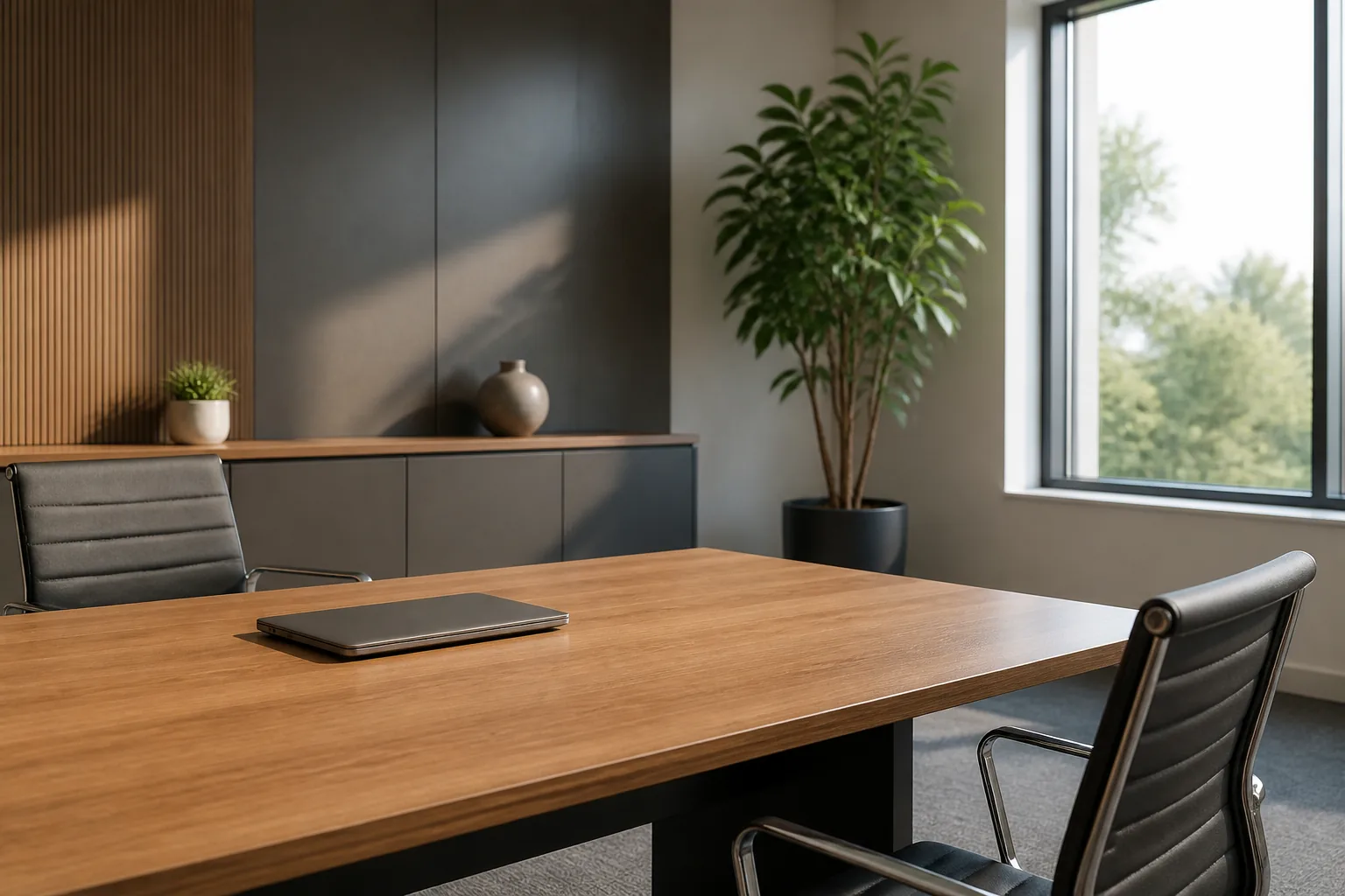 Modern accounting office workspace with financial documents and city context