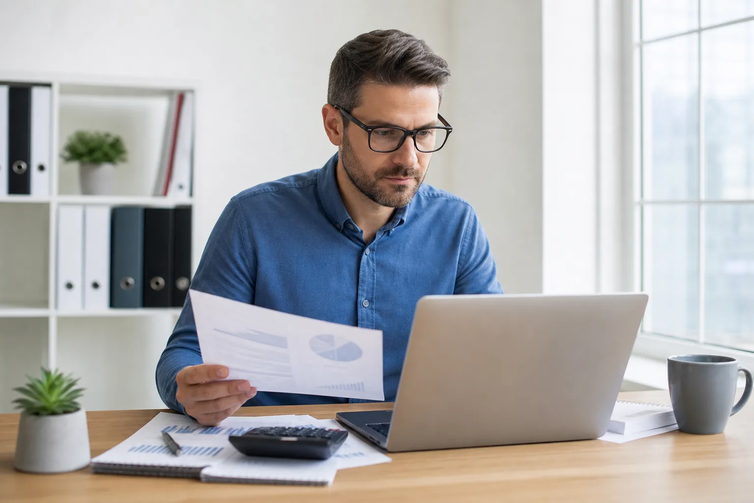 Accounting professional reviewing financial documents in a modern office