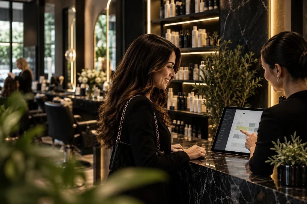 Beauty salon client reviewing an appointment schedule with salon staff