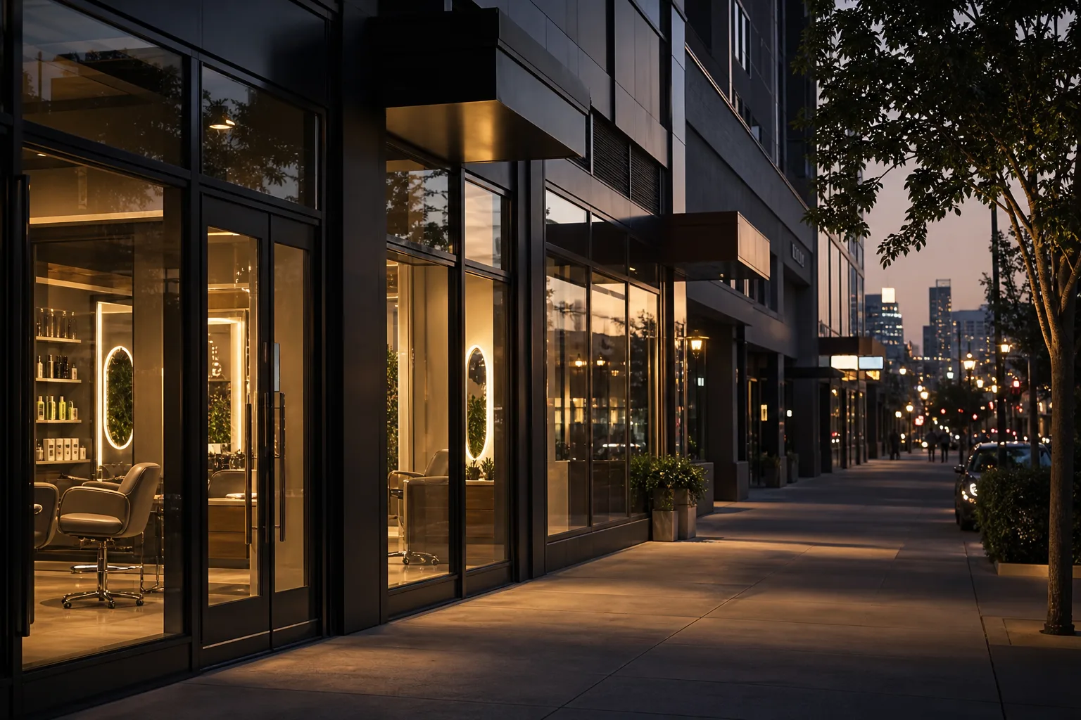 Modern U.S. urban retail corridor at dusk