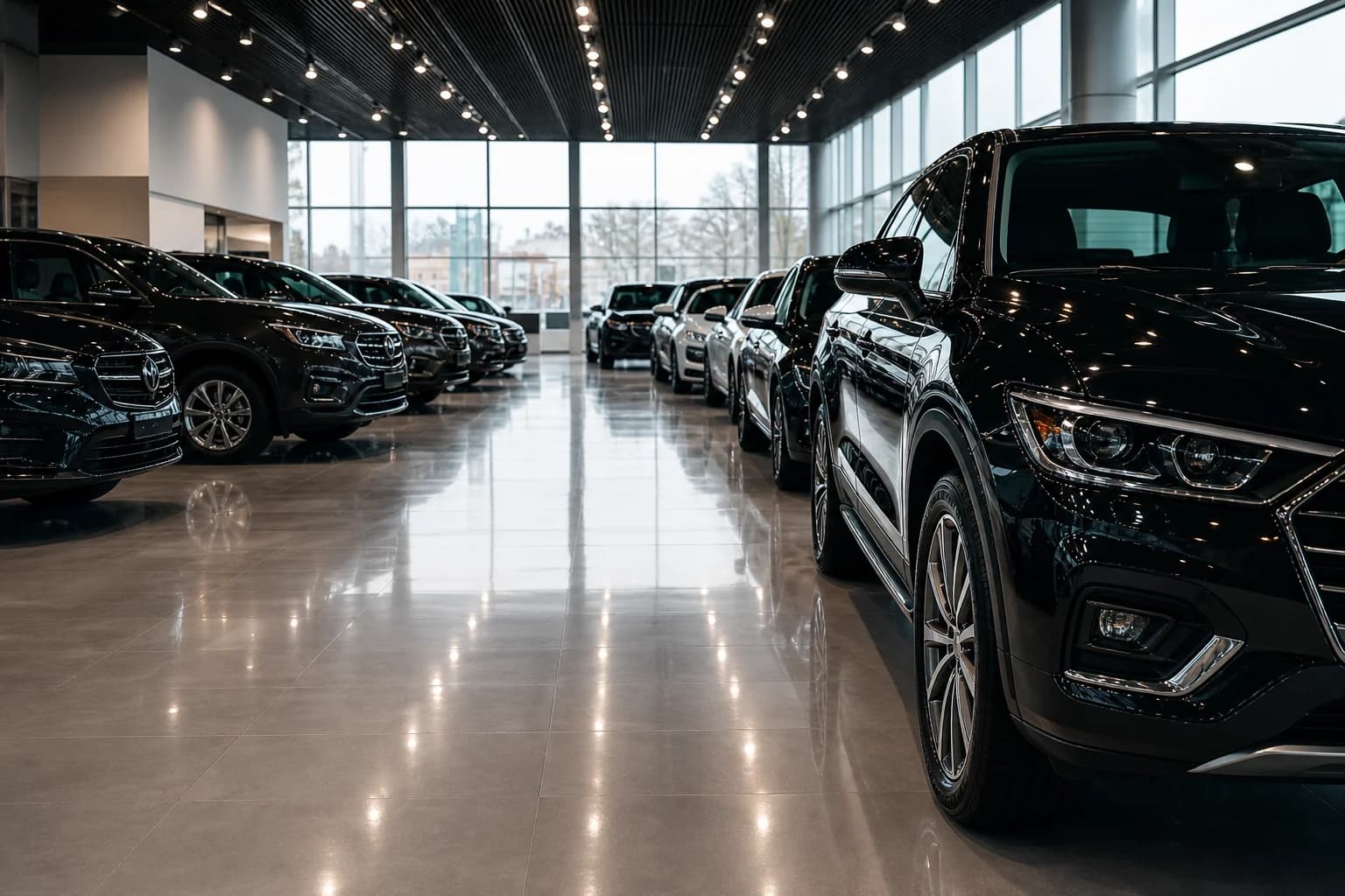 Modern car dealership showroom with luxury vehicles along a polished aisle