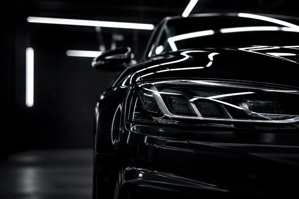 Glossy black vehicle under studio lighting in a professional detailing environment