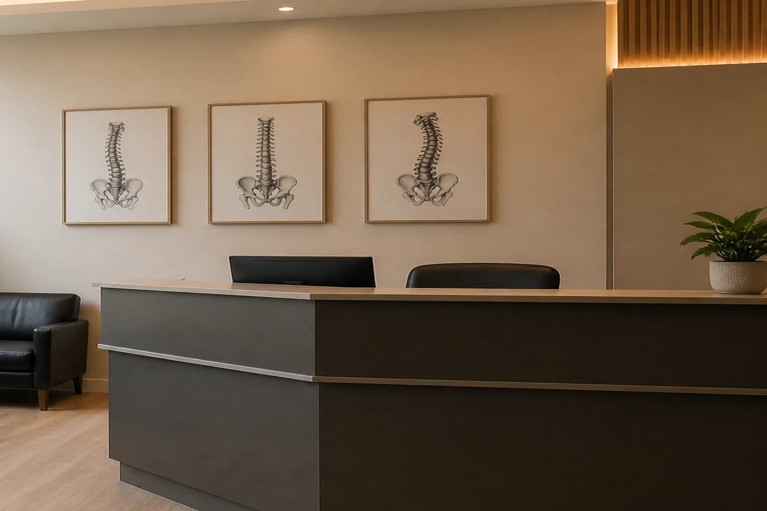 Modern chiropractic practice reception and waiting area with natural light and contemporary furnishings
