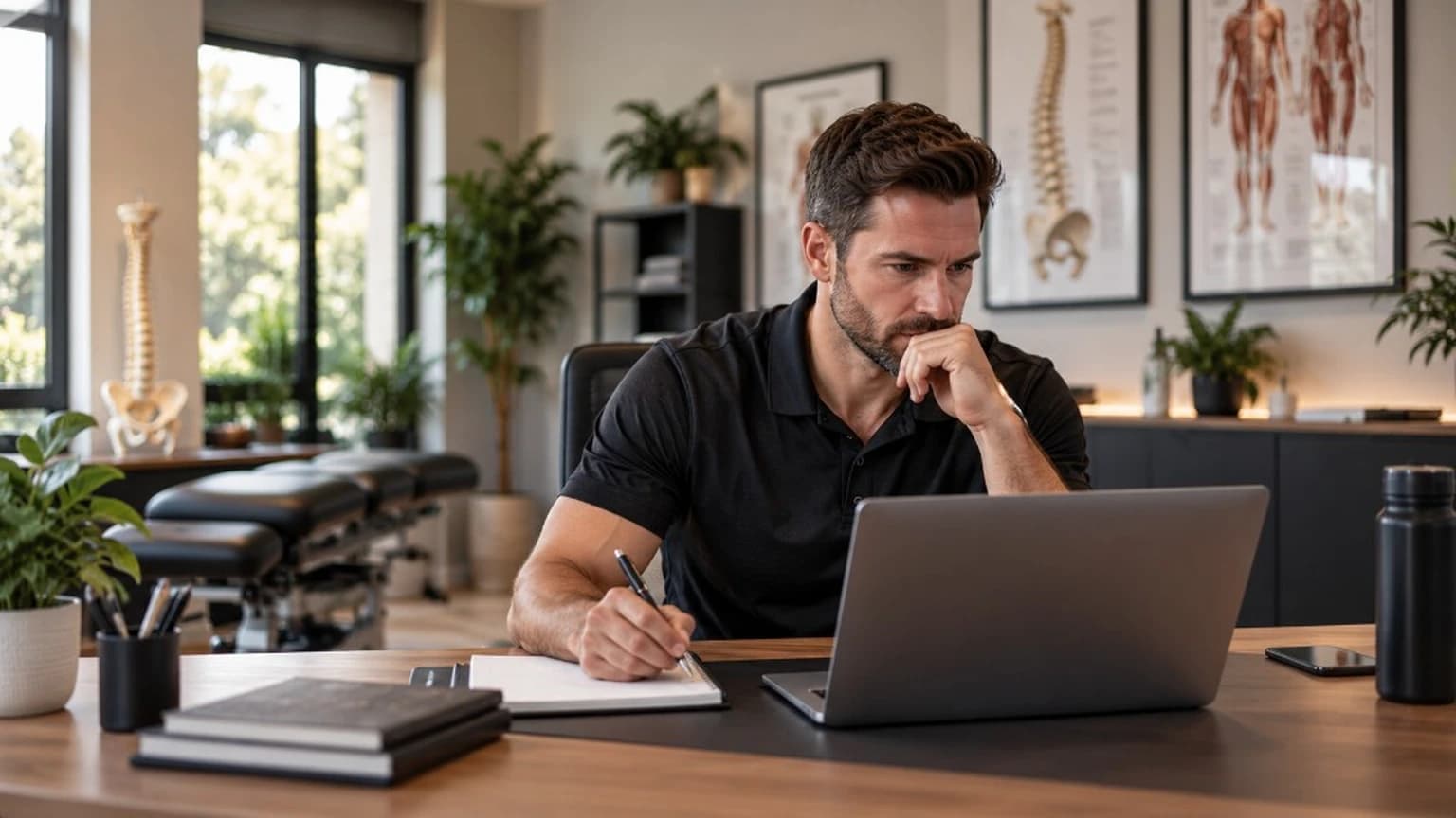Chiropractor reviewing practice operations on a laptop inside a modern chiropractic clinic