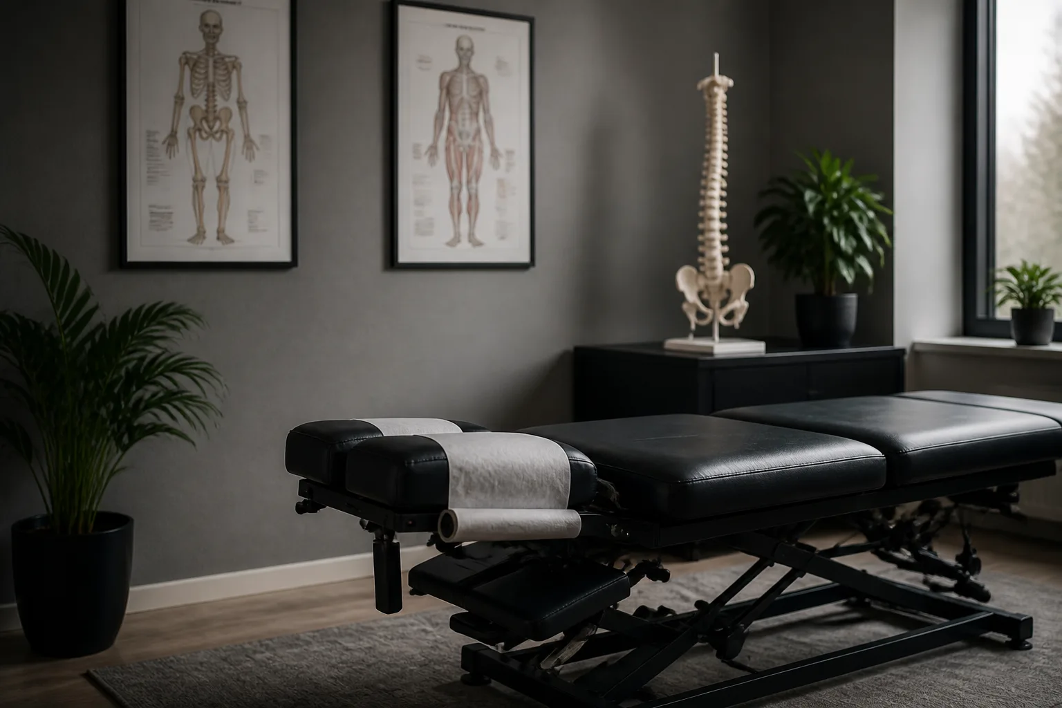 Empty modern chiropractic treatment room with adjustment table and spine model
