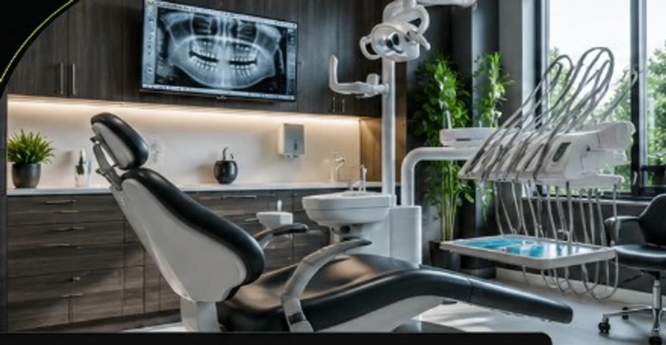 Modern dental treatment room with dental chair, clinical equipment, and panoramic dental X-ray display