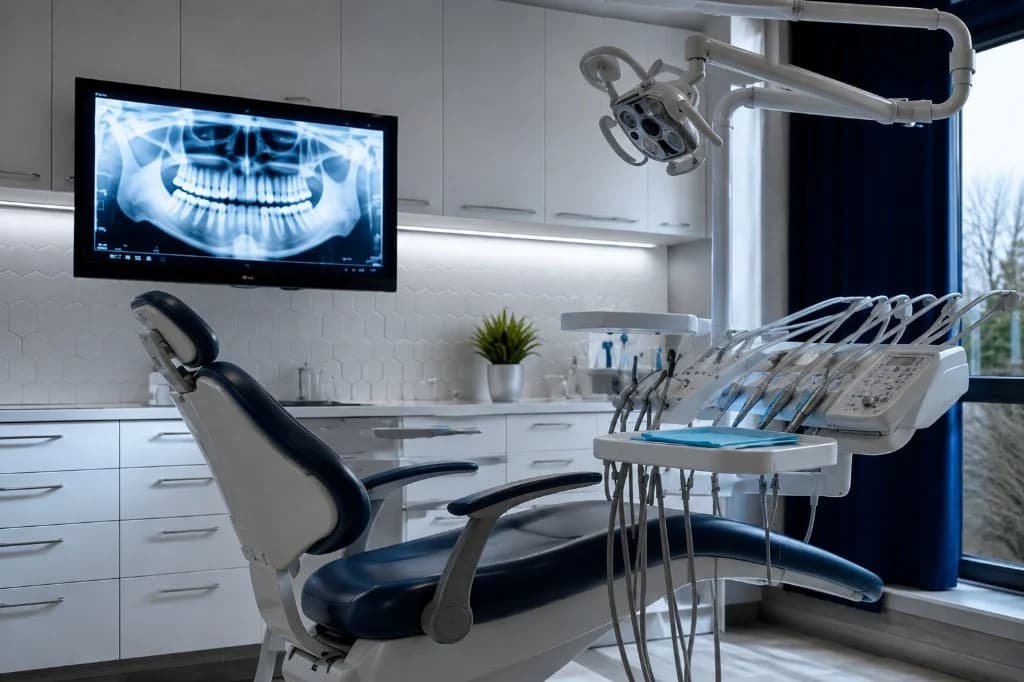 Modern dental treatment room with dental chair, clinical equipment, and panoramic dental X-ray display