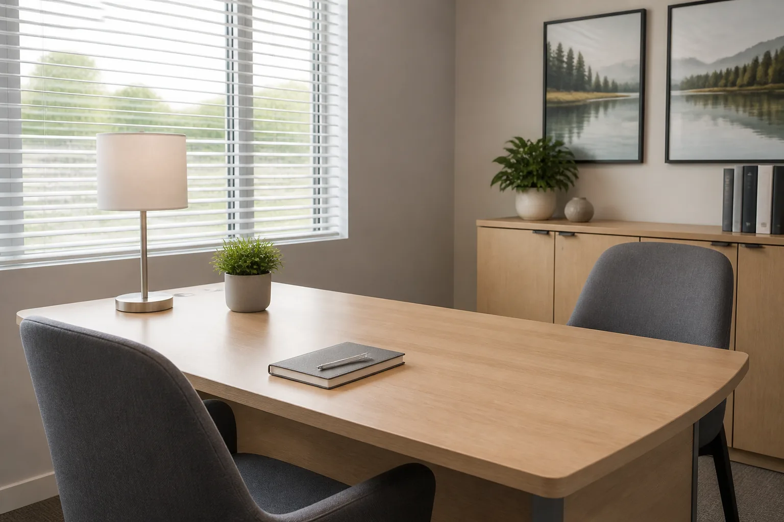 Empty modern insurance agency consultation room with desk, chairs, and soft daylight