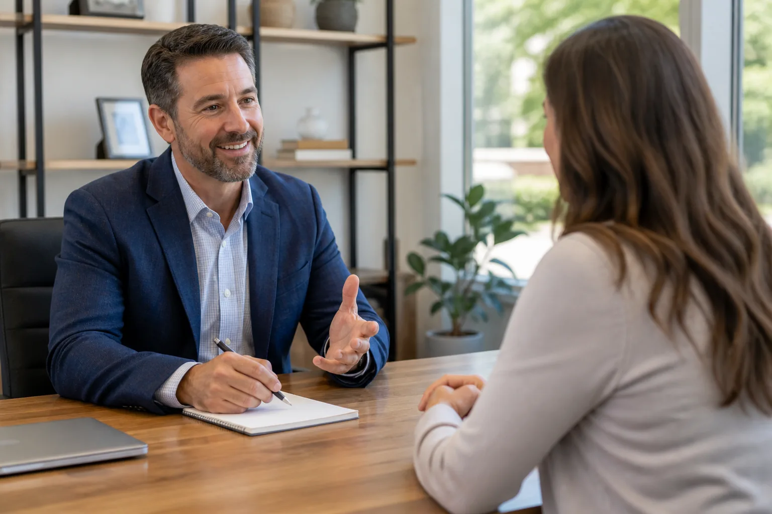 Insurance agent meeting with a prospective client in a modern office