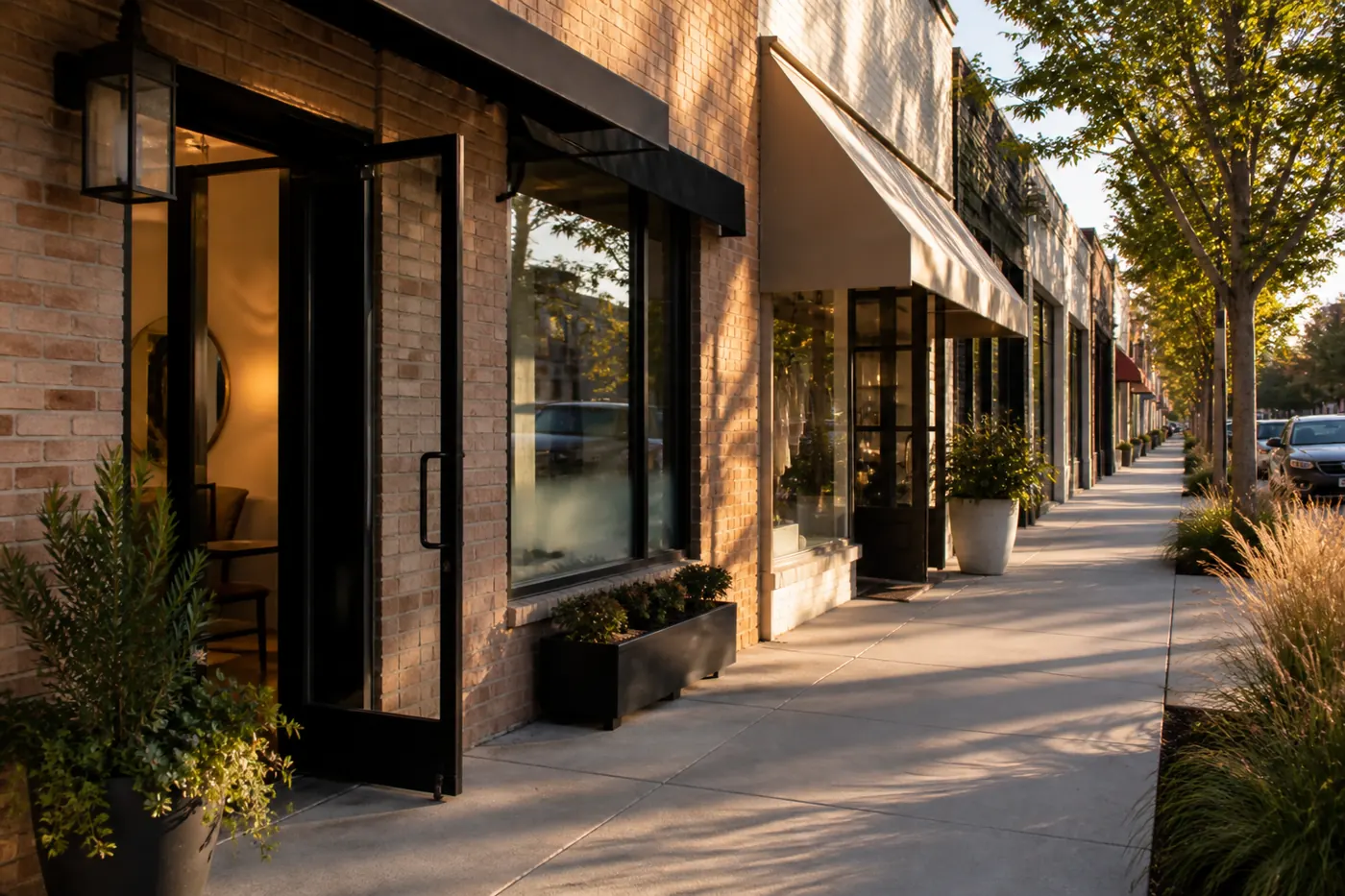 Street-level neighborhood service-business storefronts along a walkable commercial strip
