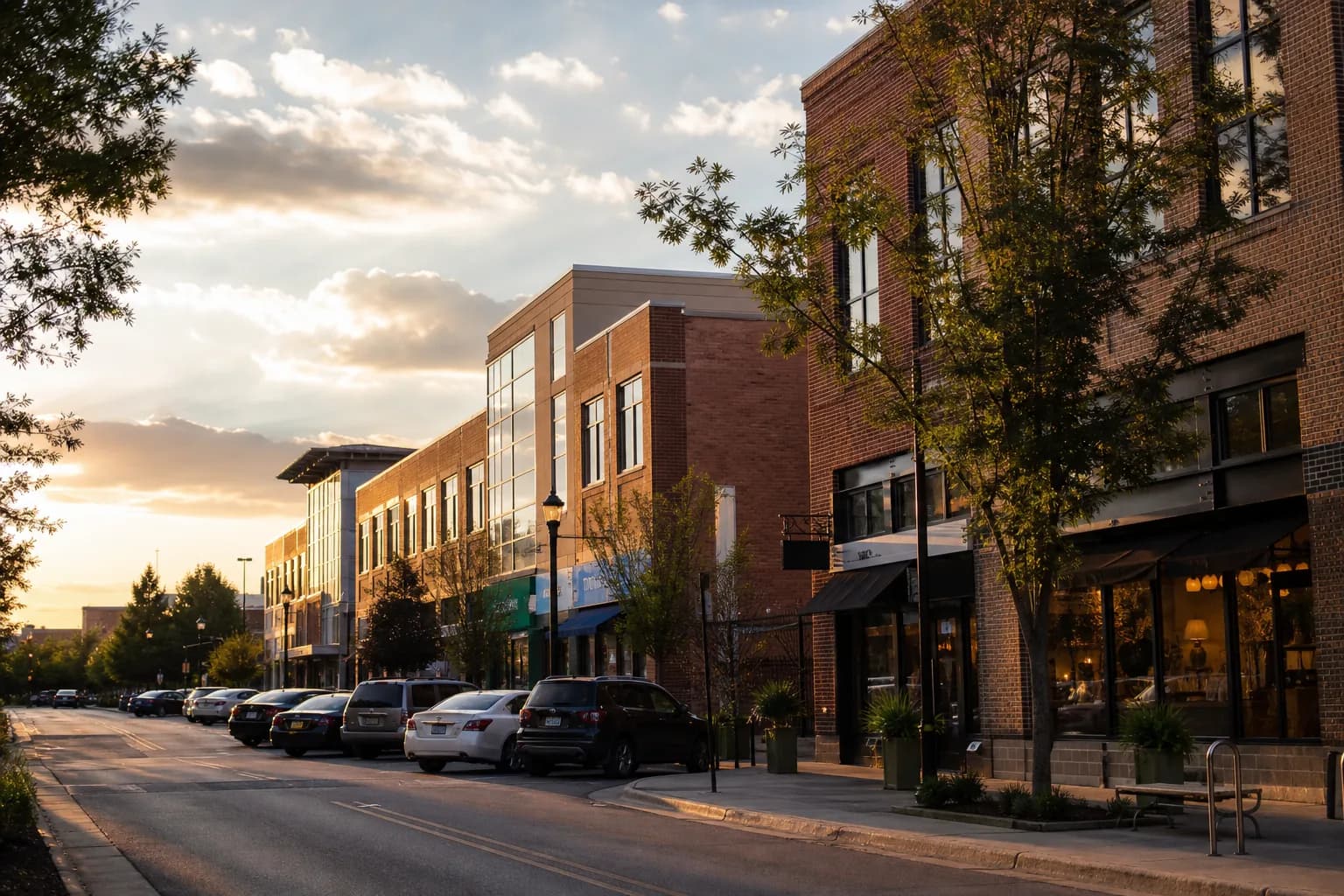 Mixed-use commercial neighborhood street with local storefronts at golden hour