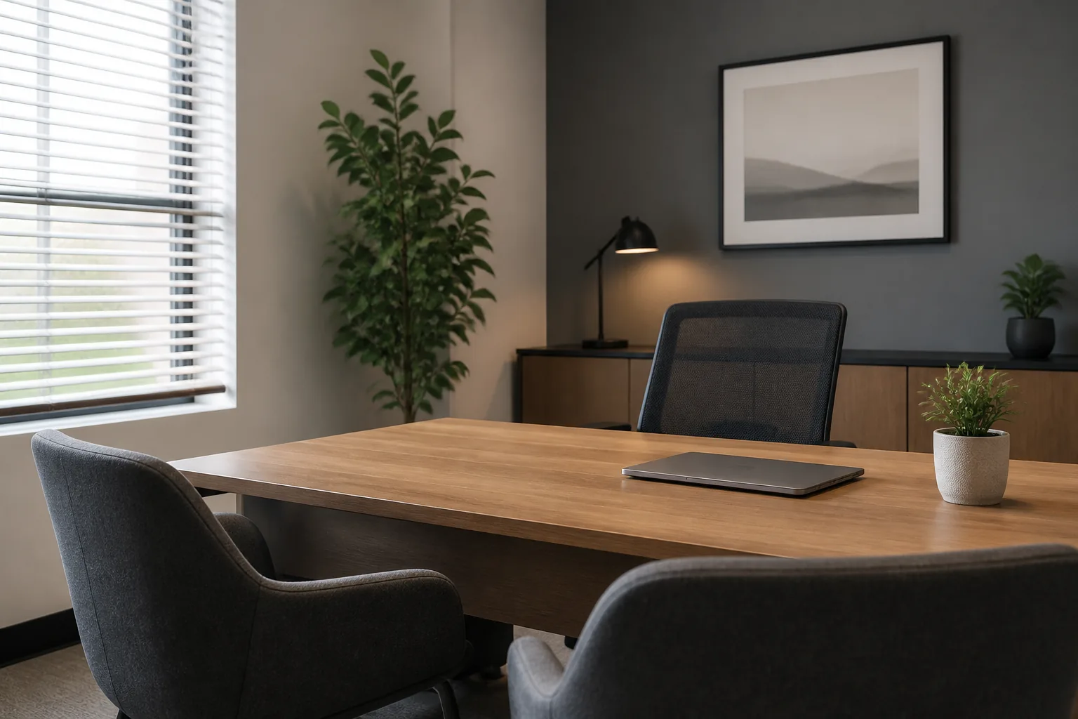 Modern mortgage office with city skyline context visible through windows