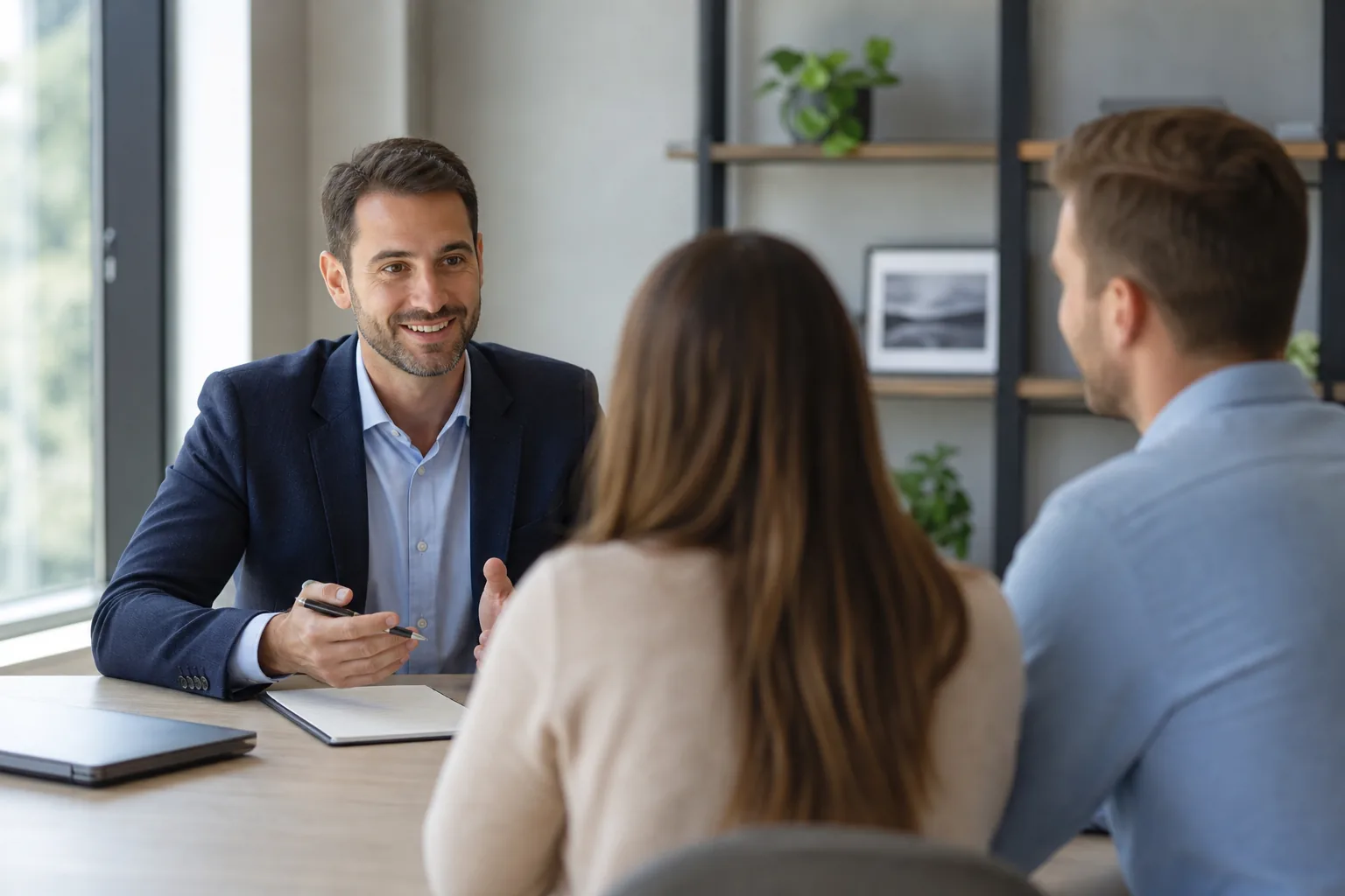 Mortgage professional meeting with a prospective homebuyer in a modern office