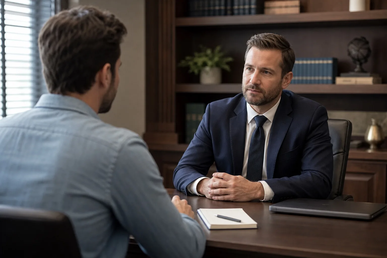 Personal injury attorney meeting with a prospective client in a modern law office
