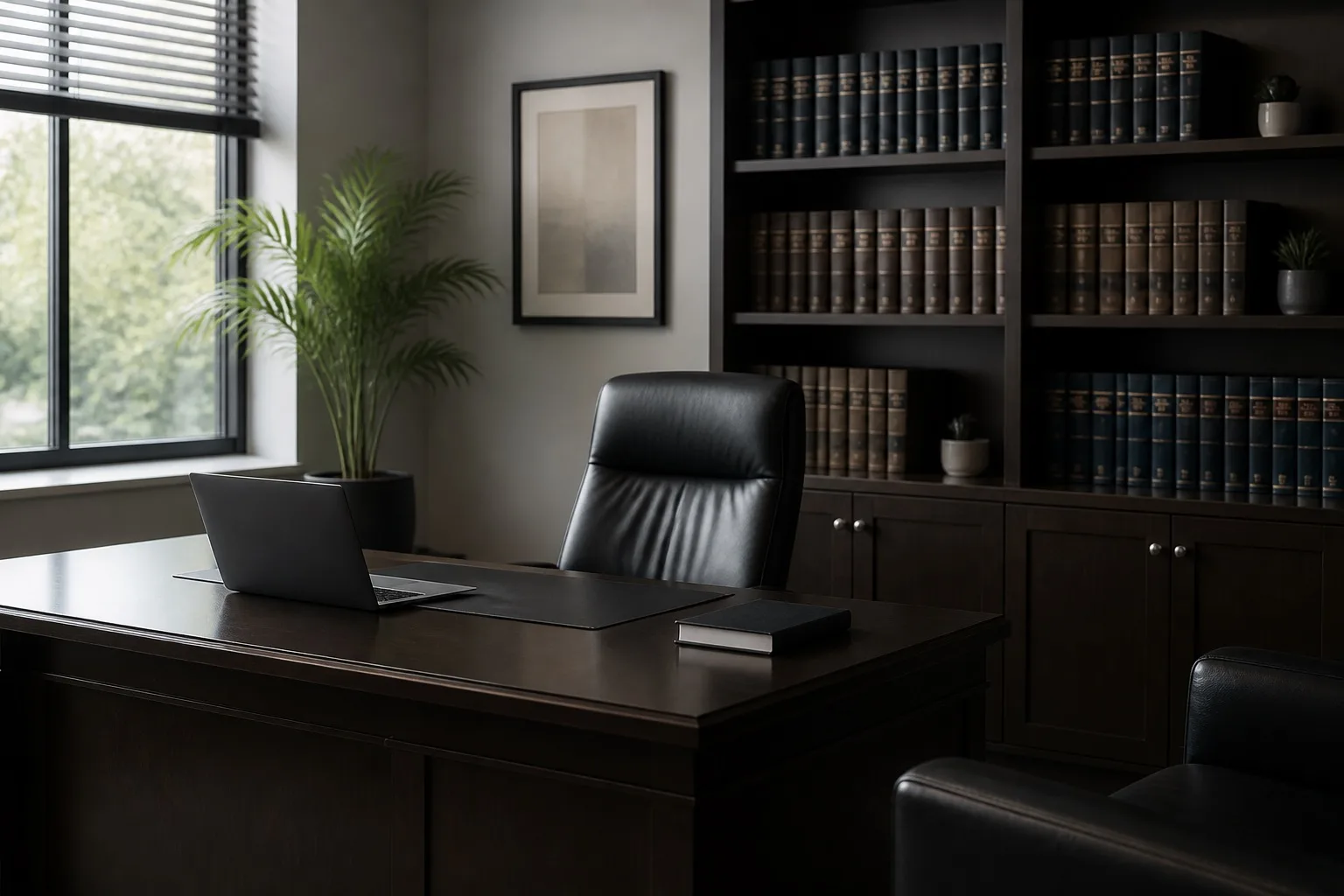 Empty attorney office with dark wood desk, leather chair, and bookshelf