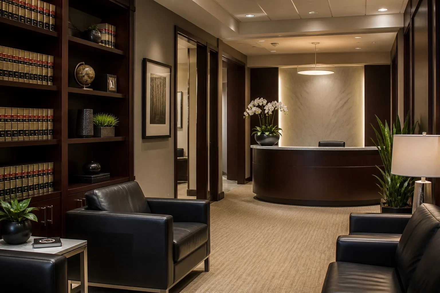 Modern law firm waiting area with reception desk and leather seating