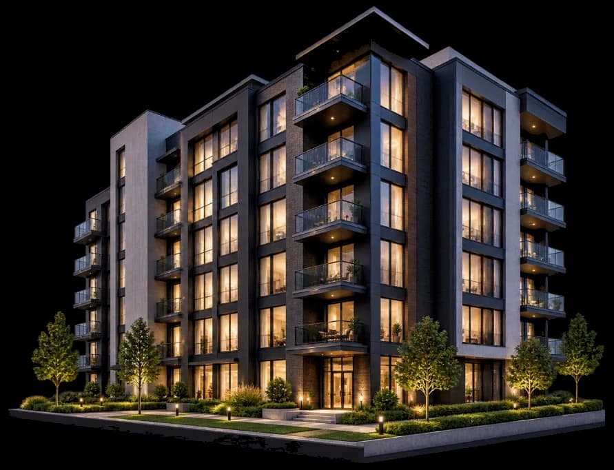 Modern multifamily apartment building representing a managed property portfolio