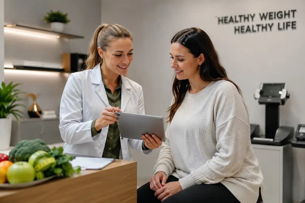 Weight loss clinic consultation between a provider and patient reviewing a program on a tablet.