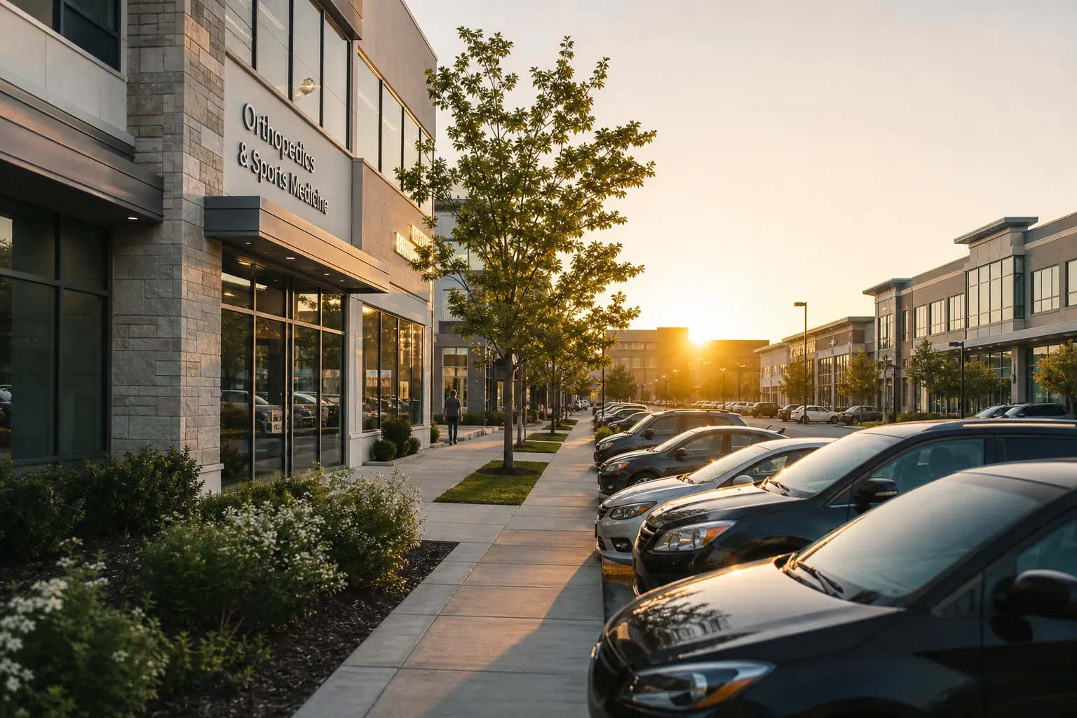 Walkable U.S. medical-wellness commercial district with clinic storefronts at golden hour
