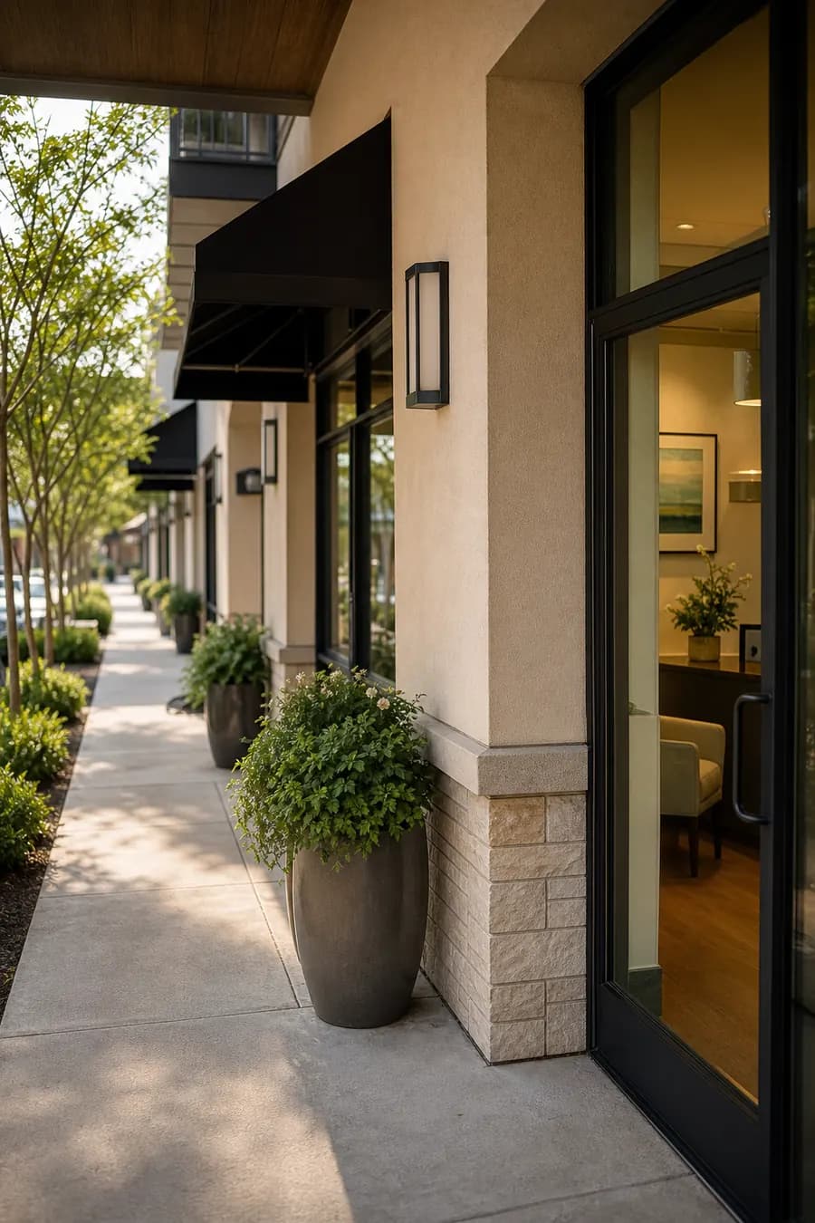 Neighborhood medical plaza corridor with clinic suite entrances and landscaping