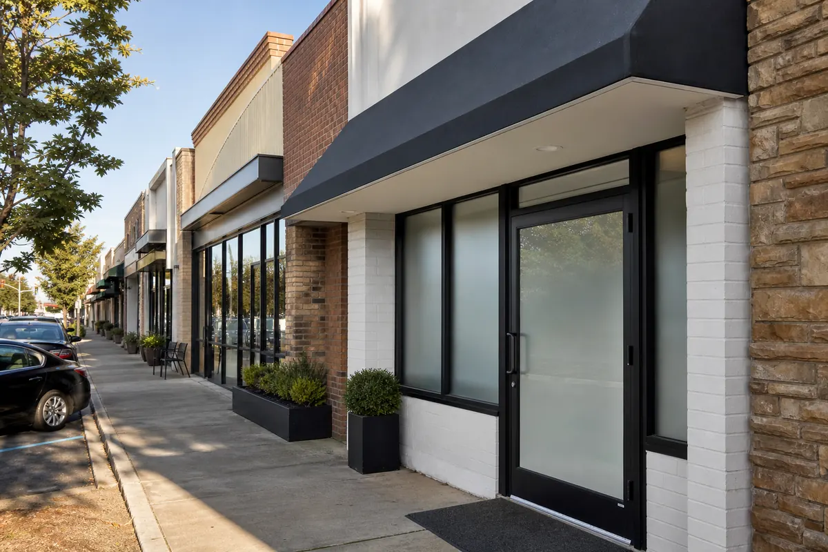Street-level commercial strip with a professional clinic entrance among local storefronts