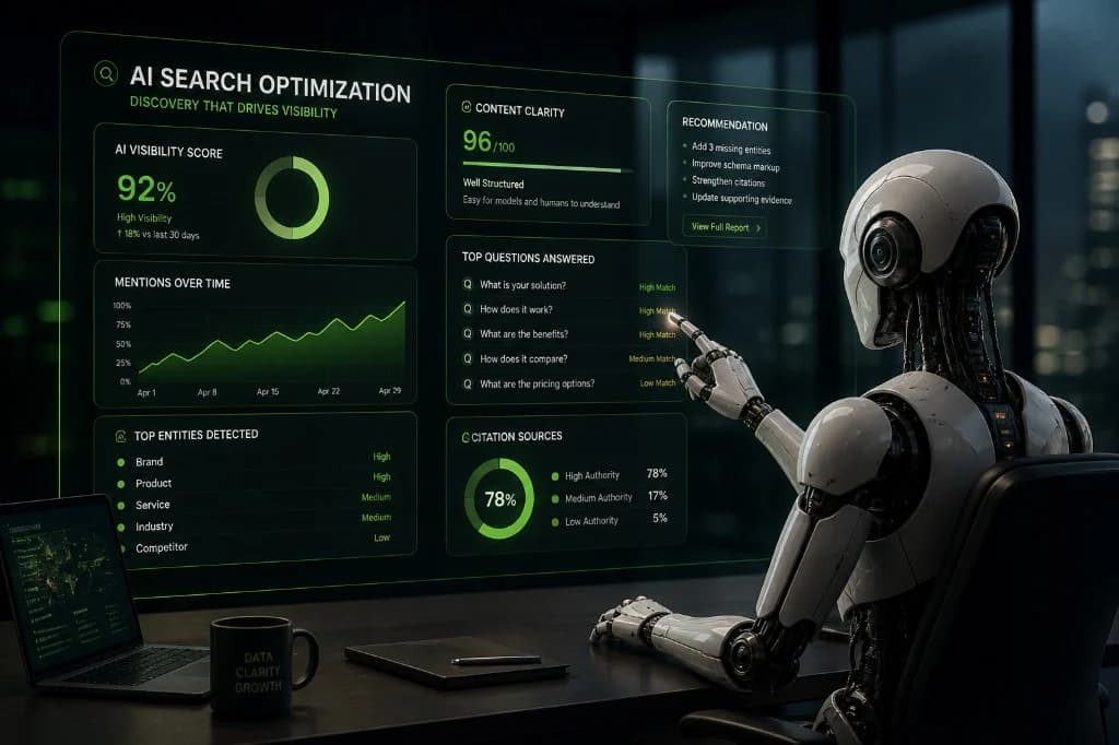 Futuristic AI search optimization dashboard with analytics, citations, and entity clarity signals.