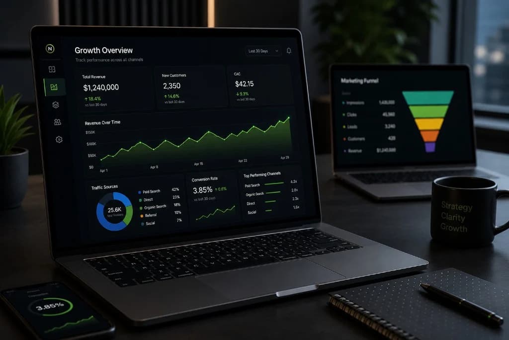 Growth and analytics dashboard with performance charts—revenue-focused reporting and U.S. market clarity.